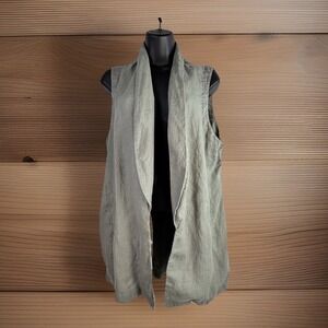 Kenar 100% Linen Long Vest XL Cardigan Olive Green Lagenlook Minimalist Pockets